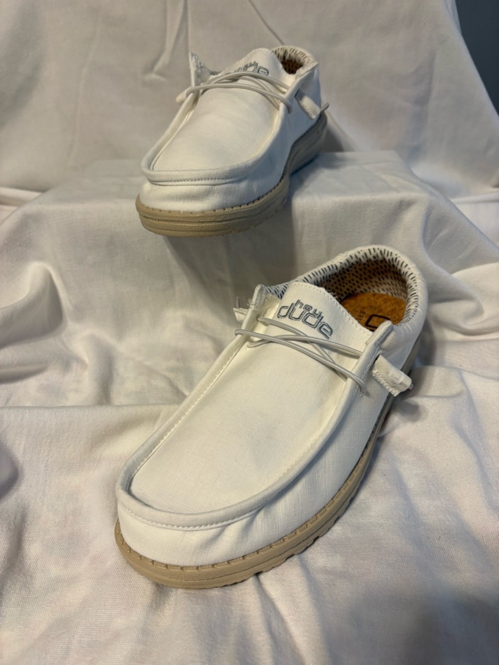 Hey Dude White Canvas Slip-On Loafers with Tan Sole